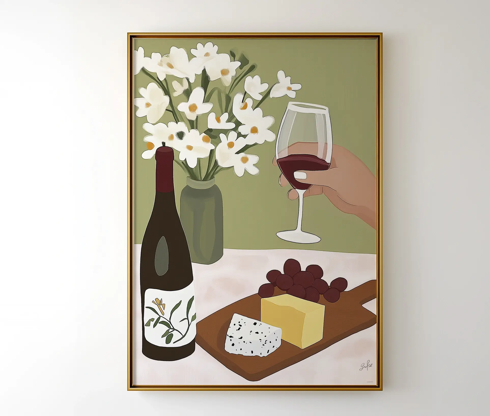 Indrammet køkkenplakat med vin, ost og blomster