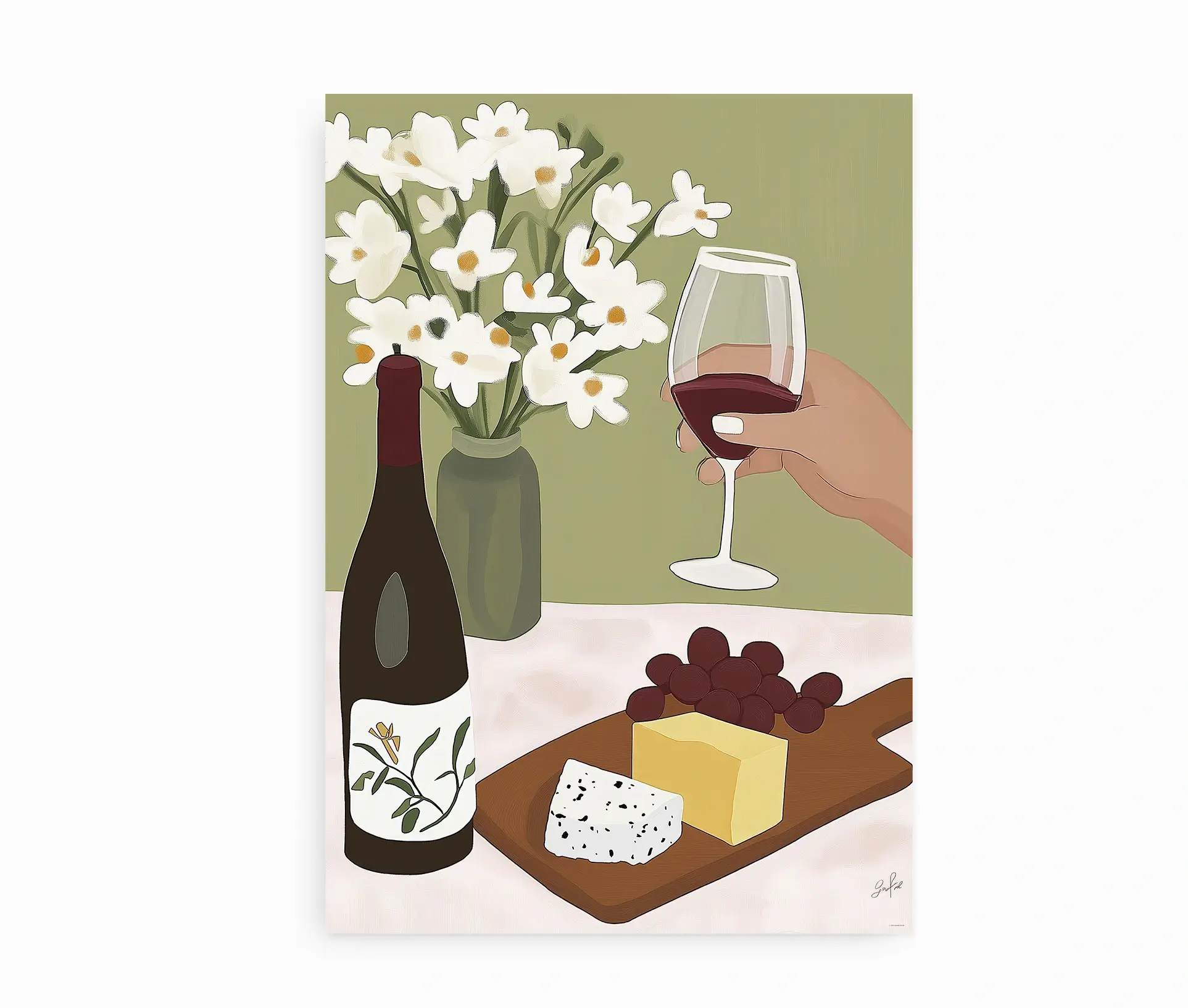 Plakat med håndtegnet vin og ostebord med blomster