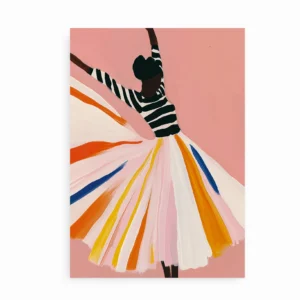 Farverig plakat med dansende kvinde i stor kjole mod rosa baggrund.