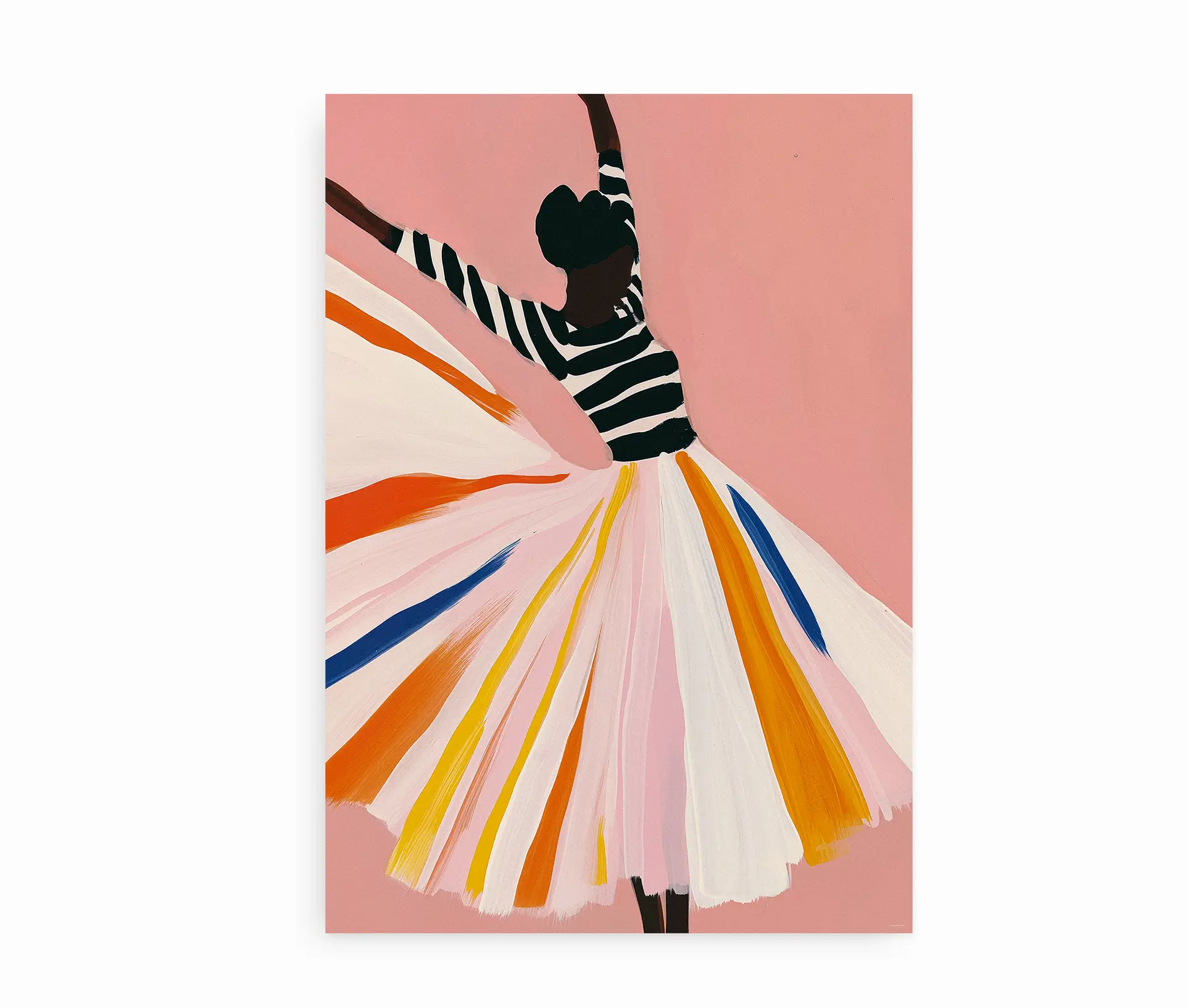 Farverig plakat med dansende kvinde i stor kjole mod rosa baggrund.