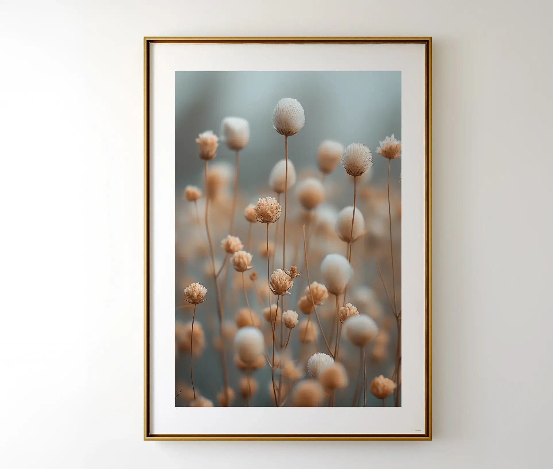 Indrammet naturplakat med vildblomster i bløde farvetoner.