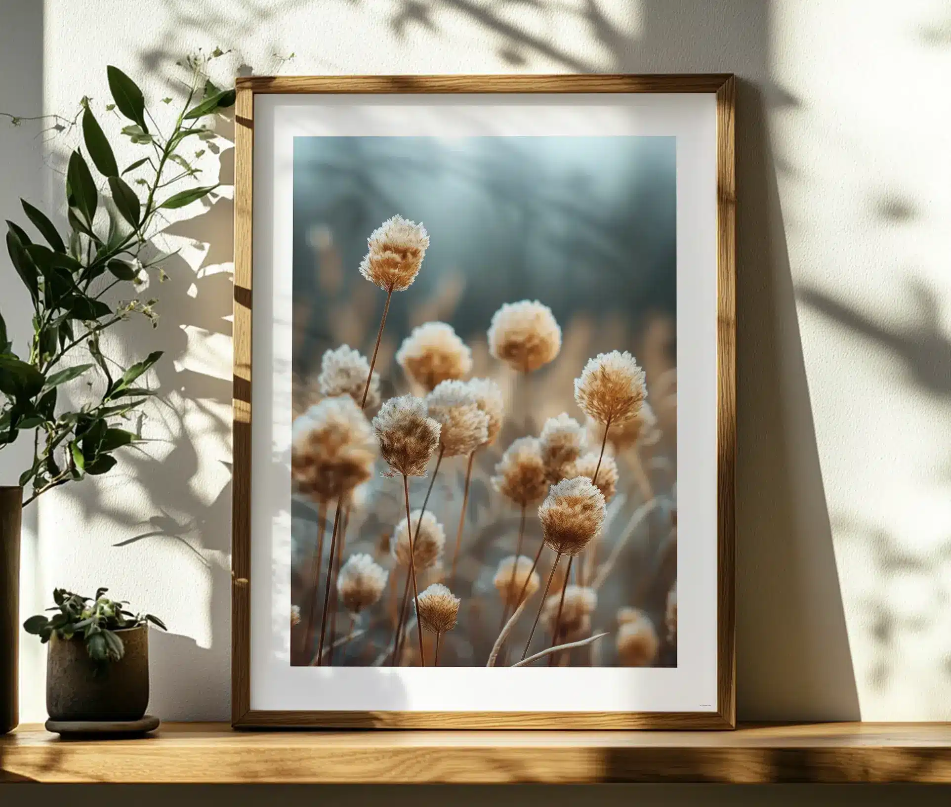 Botanisk plakat med vildblomster i ramme på en træhylde med planter.