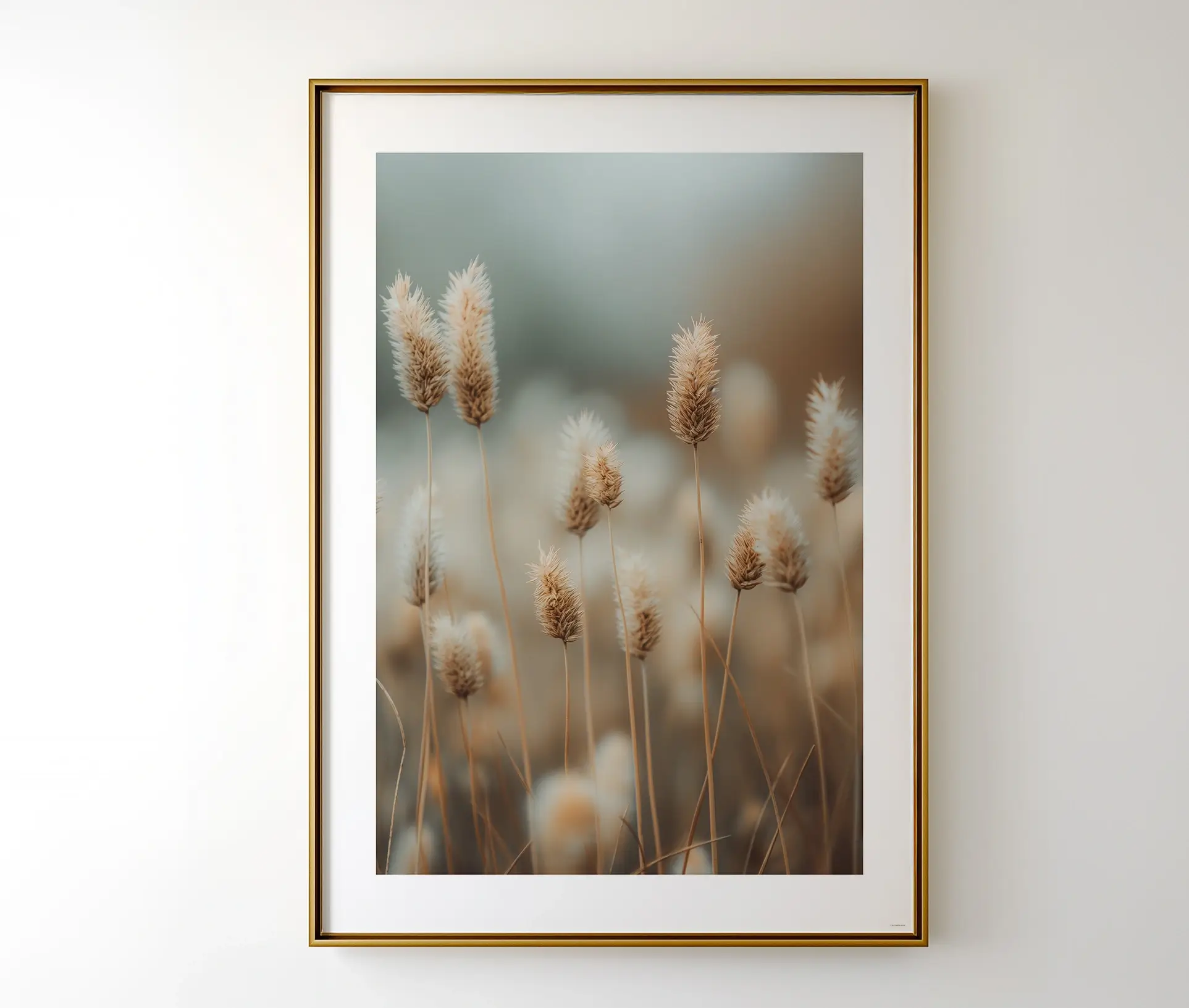 Indrammet plakat med botanisk motiv af gyldne græsstrå i minimalistisk stil.