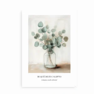 Plakat med illustration af en eukalyptus-buket i en glasvase, omgivet af neutrale farver.