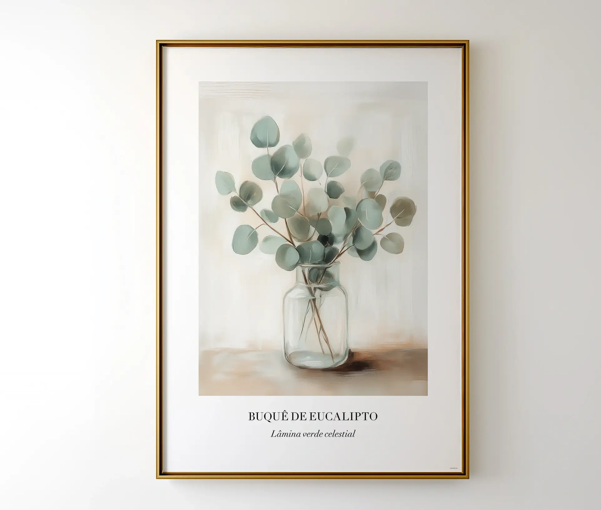 Indrammet plakat med en illustration af en eukalyptus-buket i en glasvase.