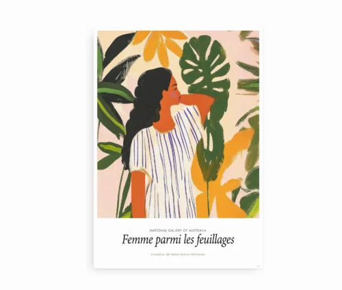 Kunstplakat med motivet Femme parmi les feuillages, en farverig illustration af en kvinde omgivet af tropiske planter.