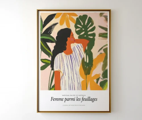 Kunstplakat Femme parmi les feuillages, et elegant kunstværk med tropisk motiv.