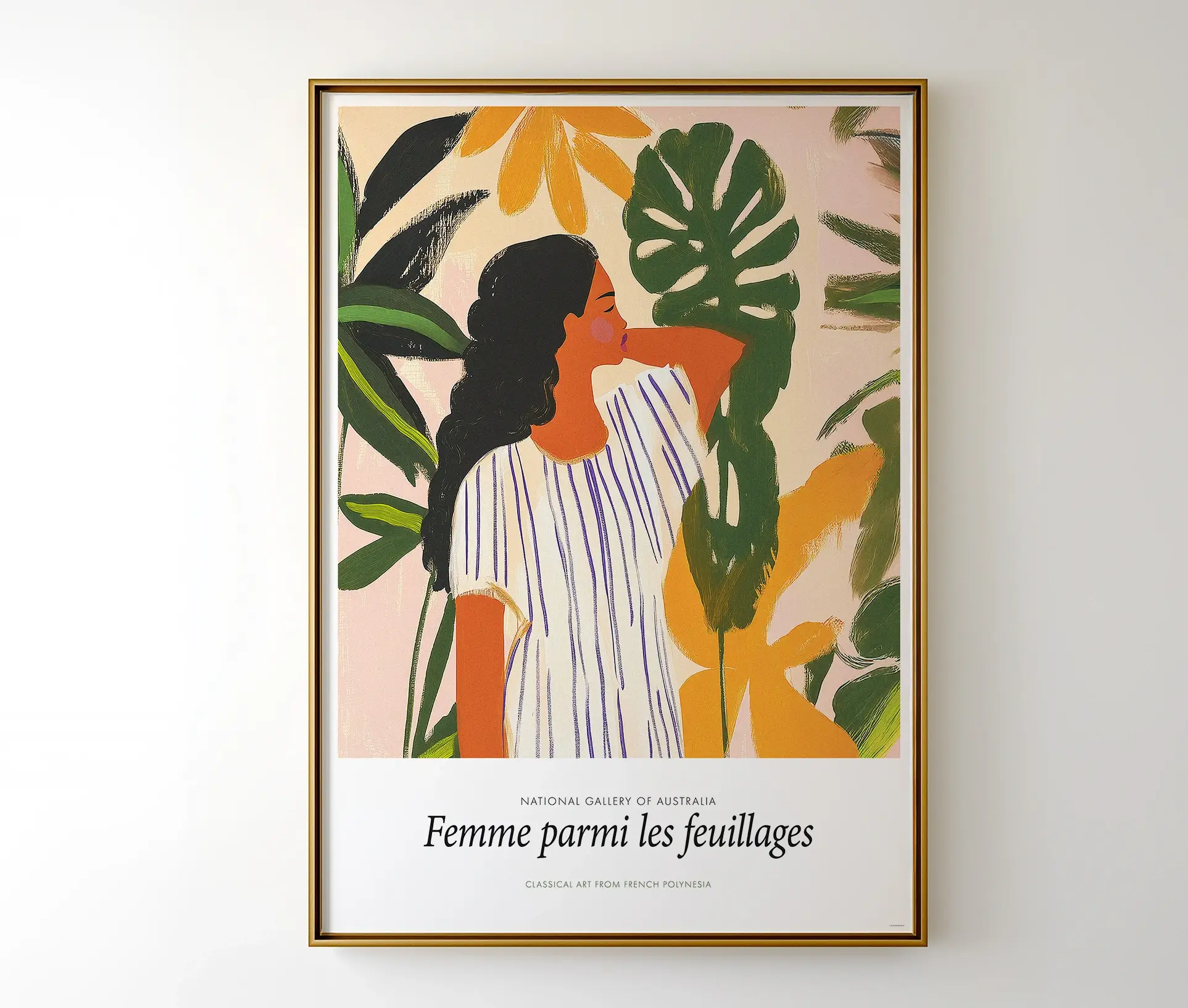 Kunstplakat Femme parmi les feuillages, et elegant kunstværk med tropisk motiv.