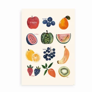 Plakat med håndtegnede frugter og franske navne på lys baggrund