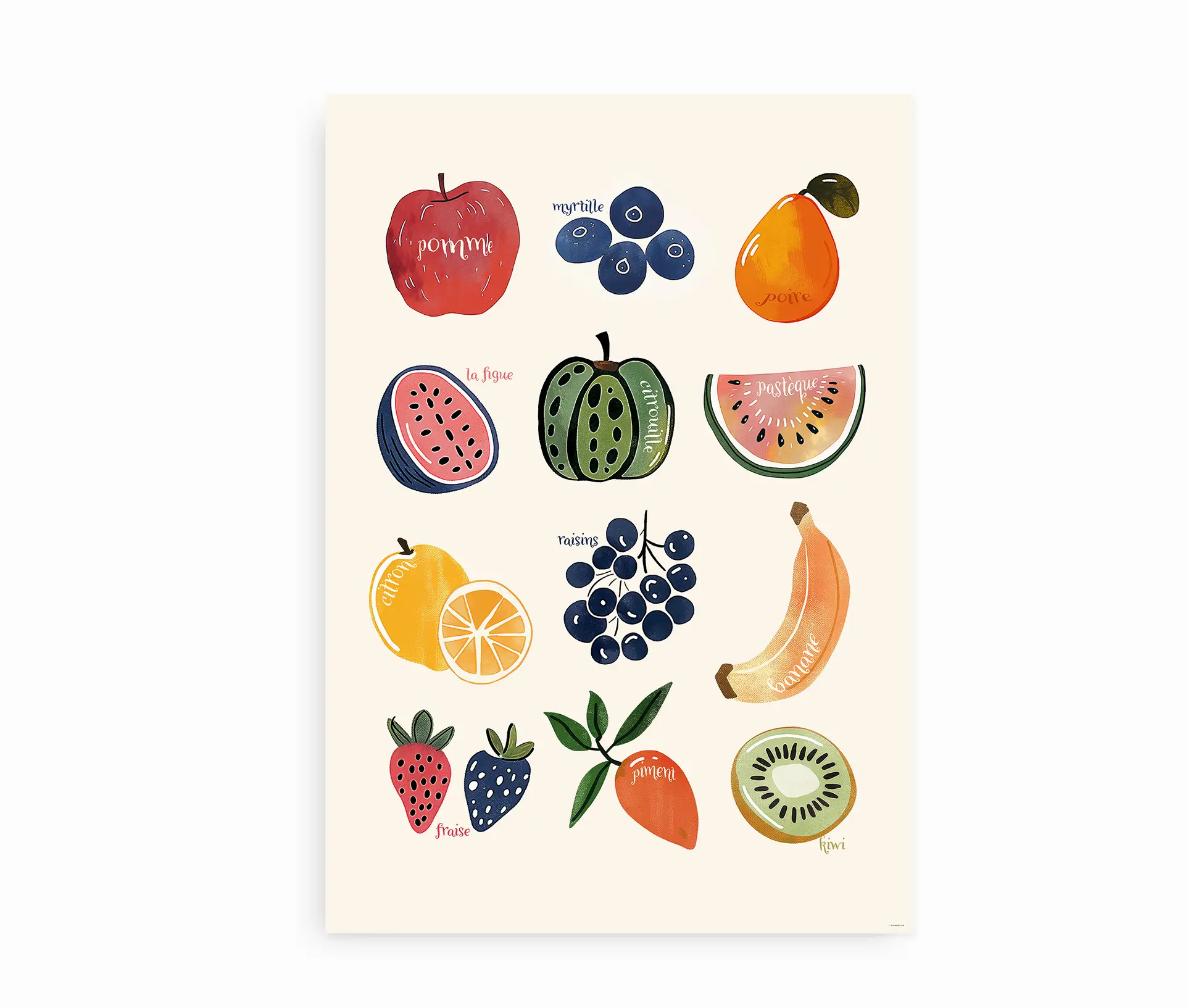 Plakat med håndtegnede frugter og franske navne på lys baggrund