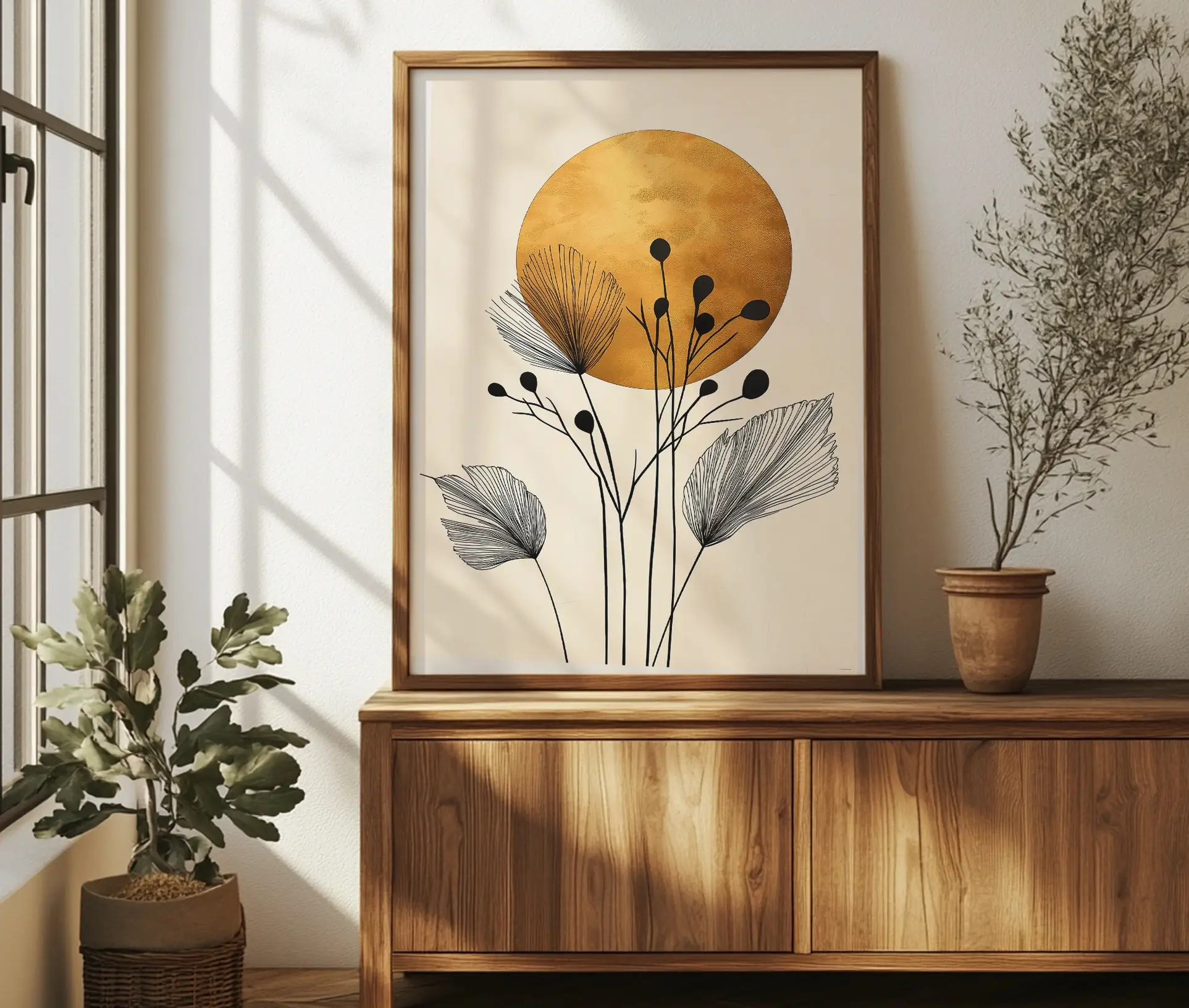 Botanisk plakat med sol, stående i lysindfald ved vindue