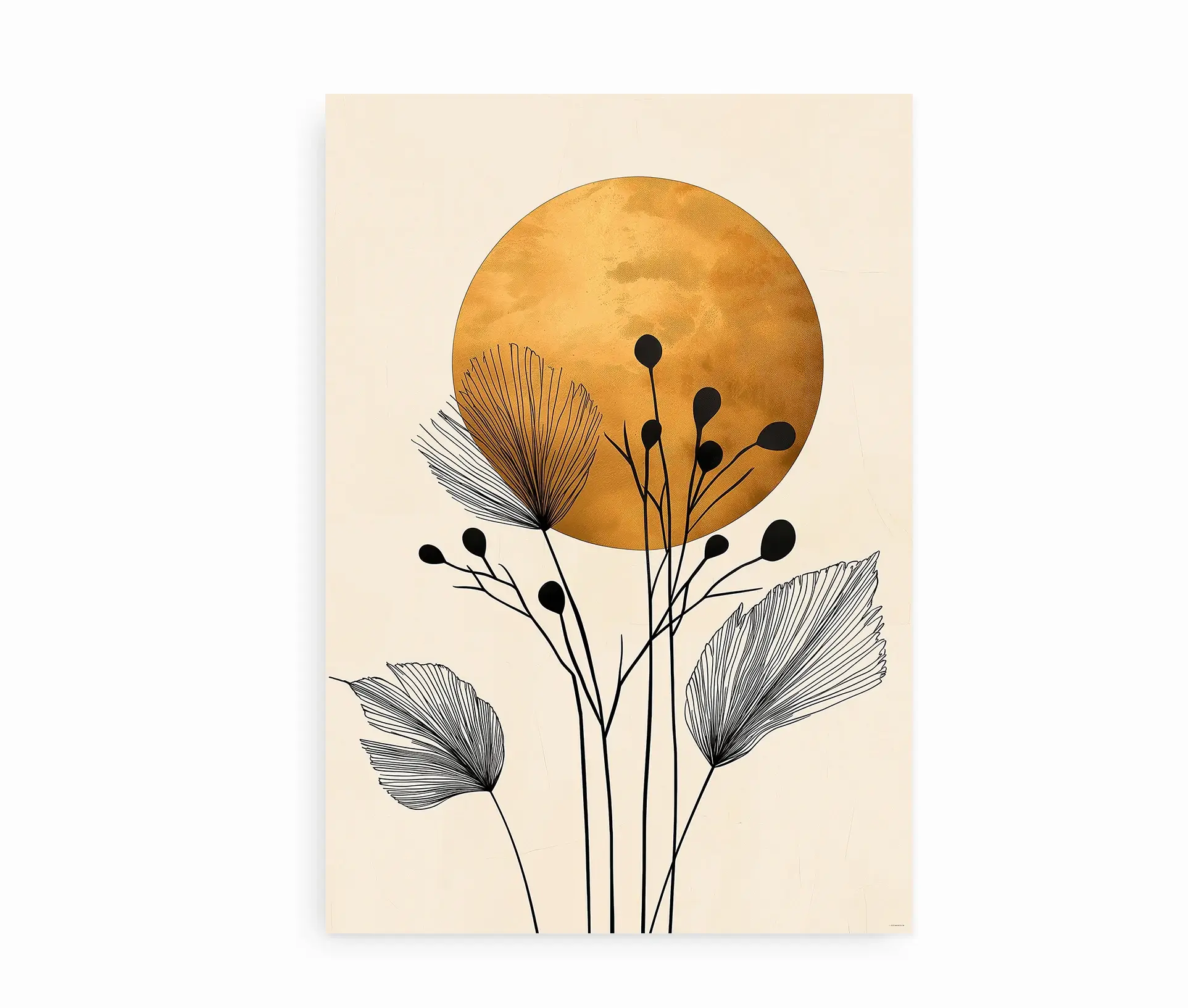 Uindrammet plakat med gylden sol og sorte planteillustrationer