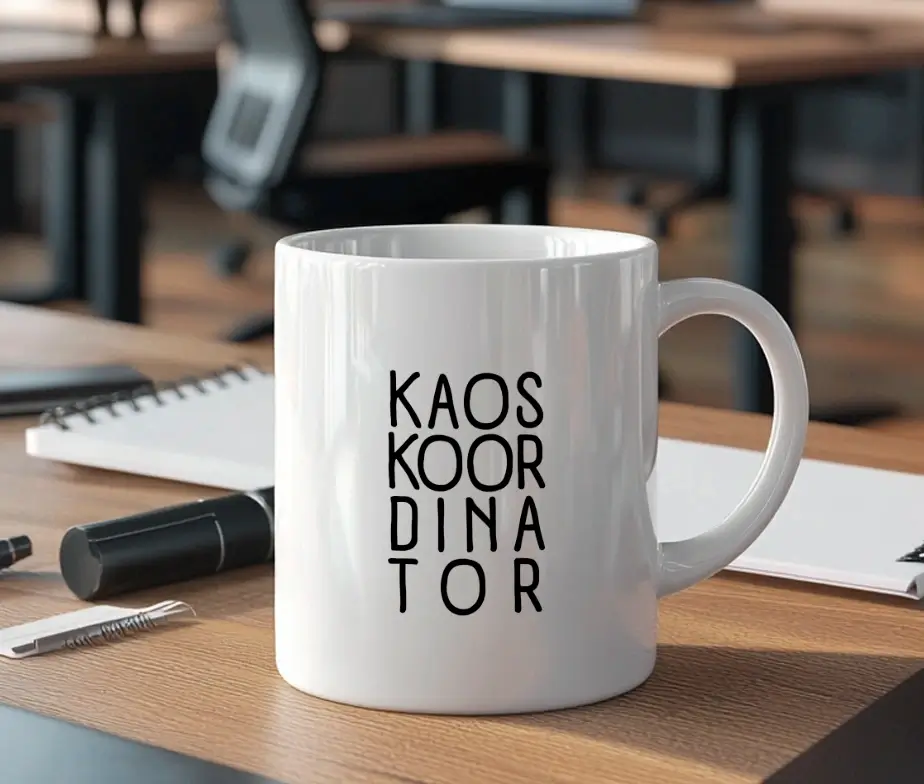 Hvidt krus med teksten Kaoskoordinator, placeret på et skrivebord.