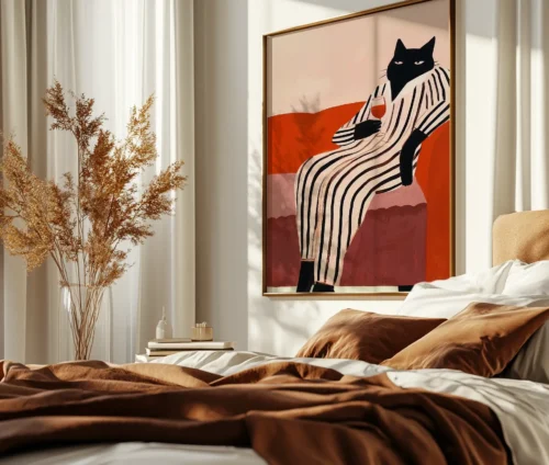Stor plakat med en afslappet kat i en moderne soveværelsesindretning.