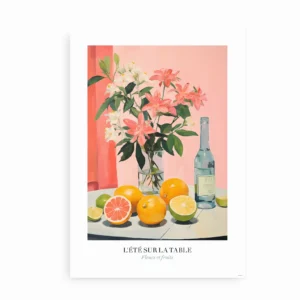 Plakat med citrusfrugter, blomster og vin på lys baggrund med teksten "L'été sur la table"
