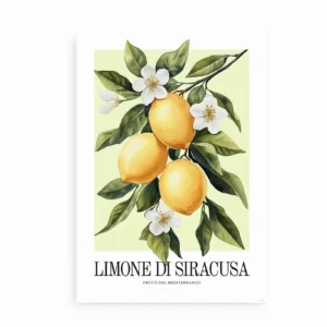 Plakat med illustration af citroner, grønne blade og hvide blomster.
