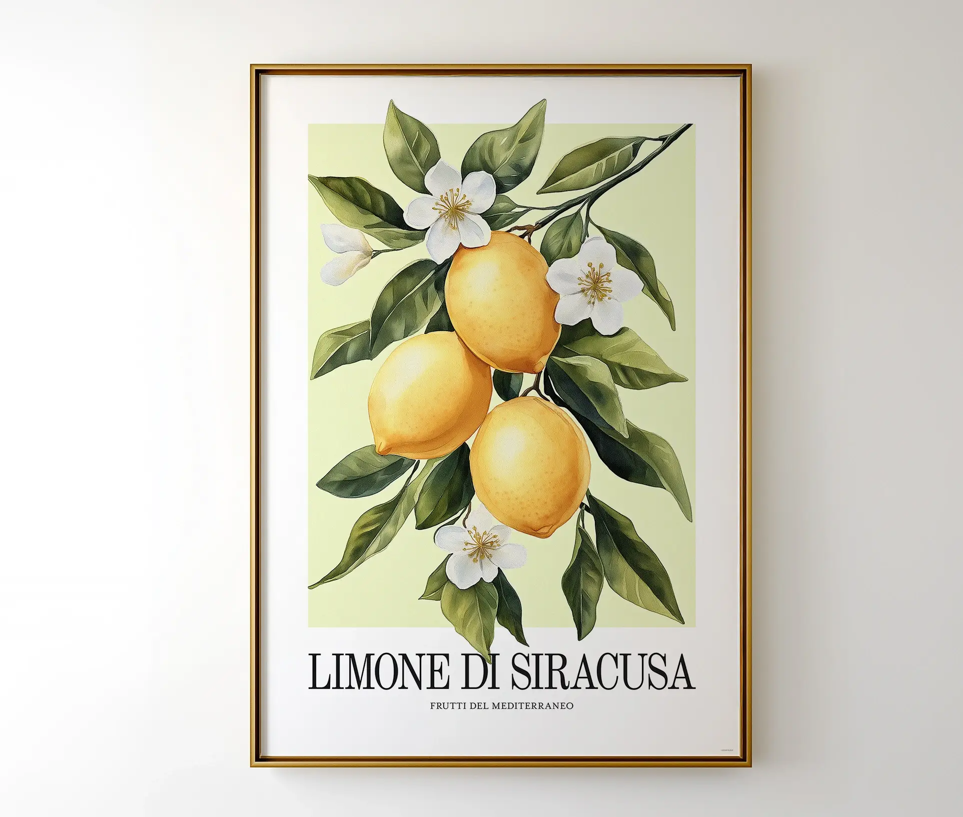 Indrammet Limone di Siracusa plakat, hængende på væg.