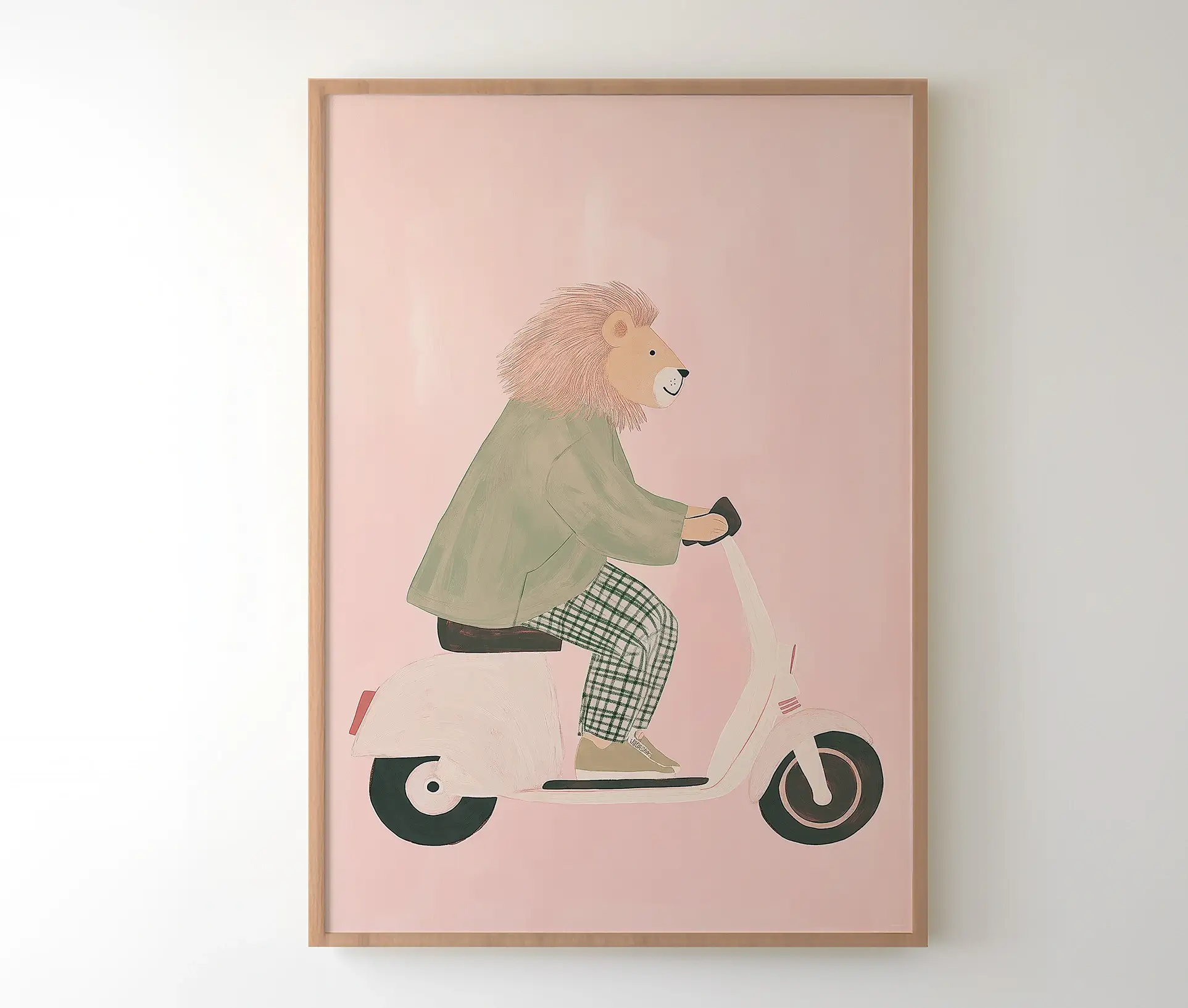 Plakat med løve i grøn jakke kørende på scooter