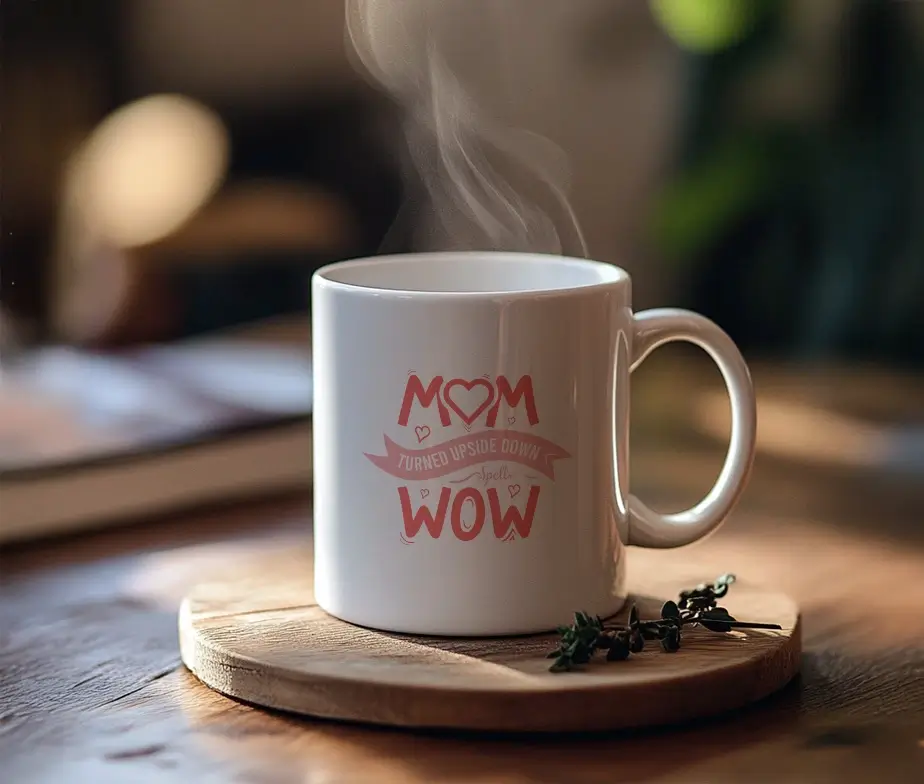 Hvidt keramikkrus med teksten Mom turned upside down spells WOW i lyserød skrift.