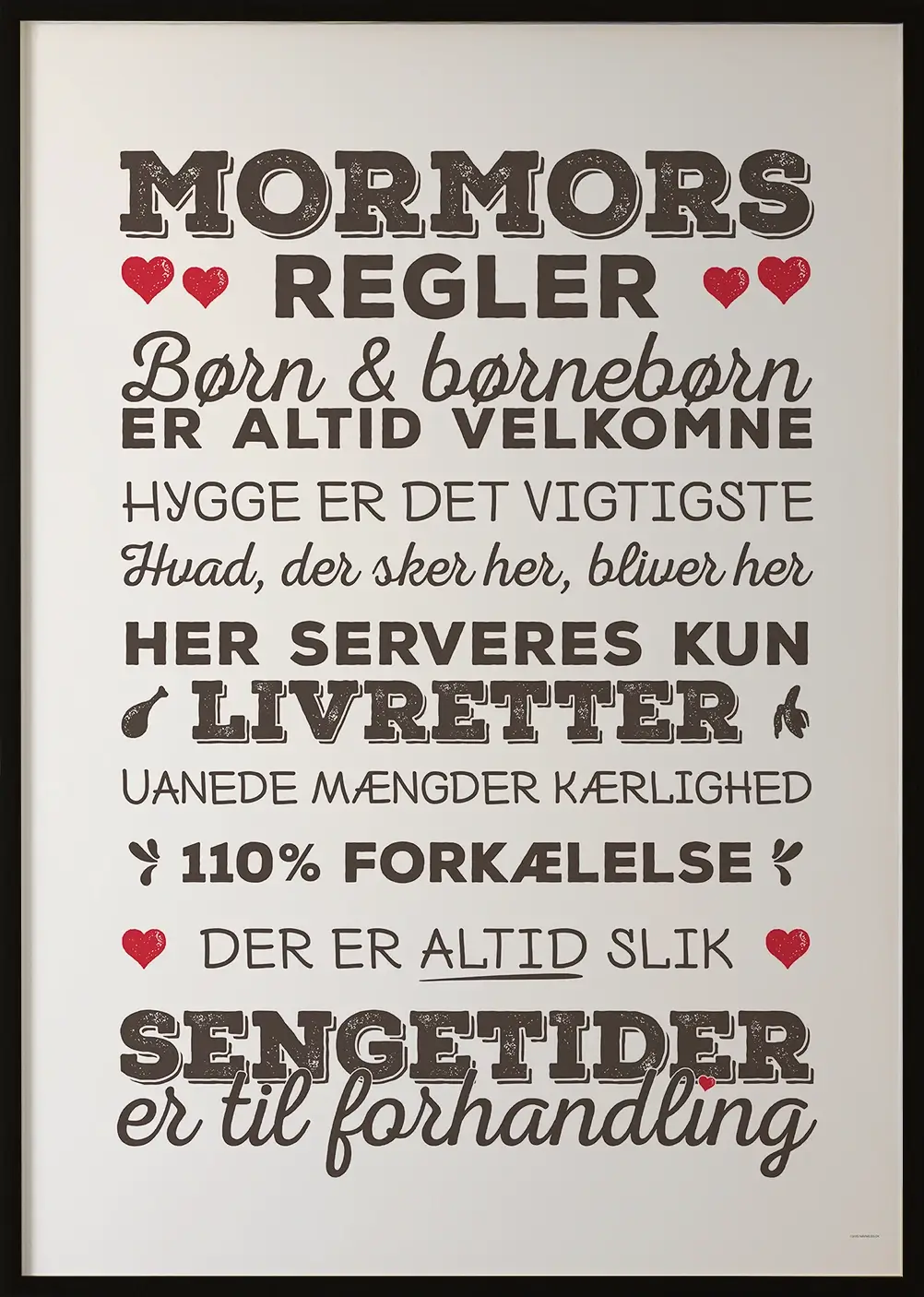 Plakat med "Mormors regler" – sjov og hyggelig gaveidé til mors dag.