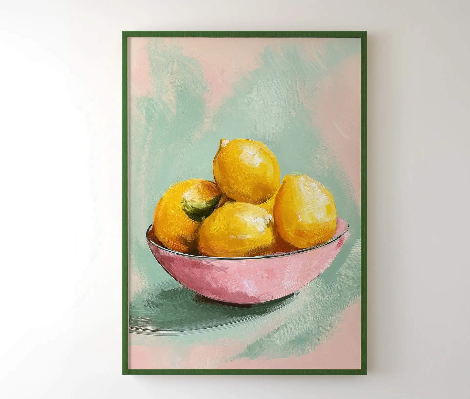 Indrammet citronplakat hængende på en væg med grøn ramme.