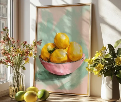 Farverig citronplakat placeret ved et solbelyst vindue med friske citroner omkring.