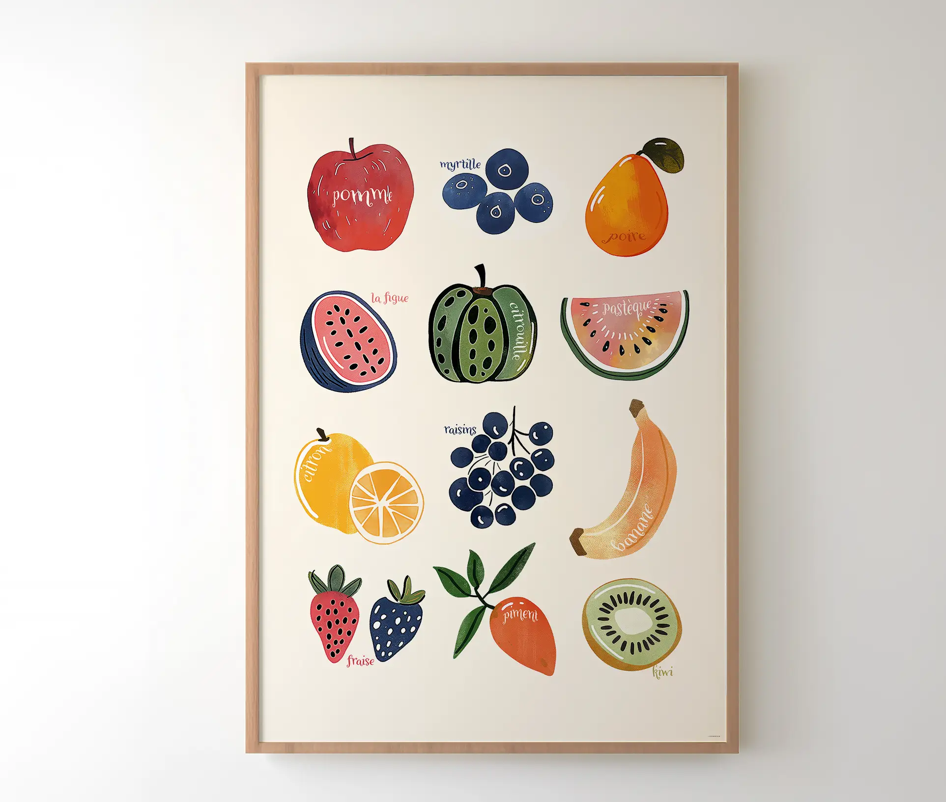 Indrammet plakat med franske frugtnavne og illustrationer
