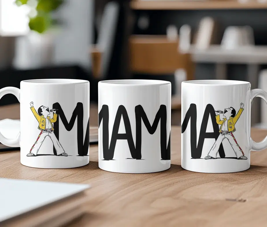 Tre hvide kaffekrus med MAMA-design og illustration af en syngende sanger.