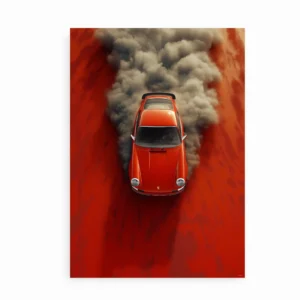 Uindrammet plakat med rød bil i støvet landskab