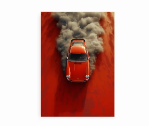 Uindrammet plakat med rød bil i støvet landskab
