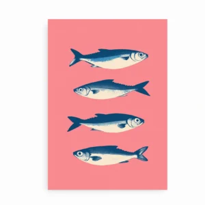 Uindrammet plakat med sardiner i grafisk retrostil