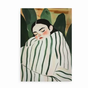 Plakat med en illustration af en kvinde svøbt i et stribet tæppe, omgivet af grønne blade.