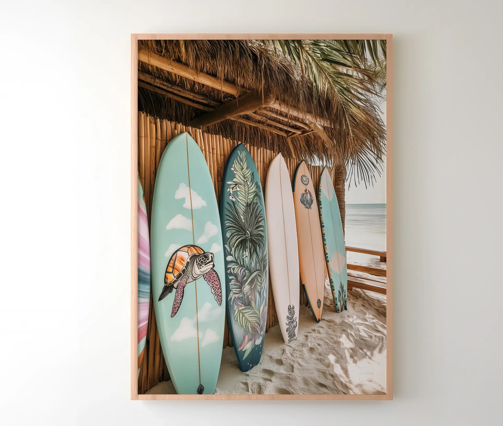 Indrammet plakat med surfboards og palmer ved strand