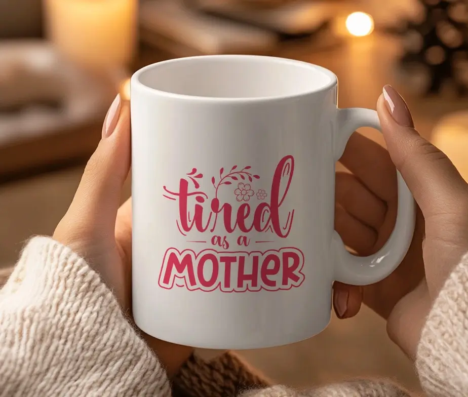 Hvidt krus med teksten "Tired as a Mother" i lyserød skrift.