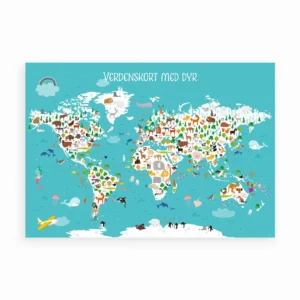 Verdenskort med dyr i en legende og lærerig stil.