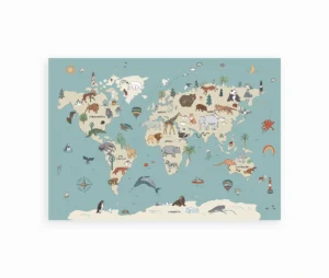 Illustreret verdenskort plakat med dyr fra hele verden.