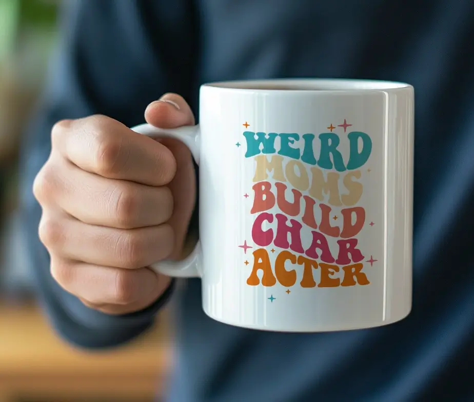 Person holder et hvidt kaffekrus med teksten Weird Moms Build Character i farverig skrift.