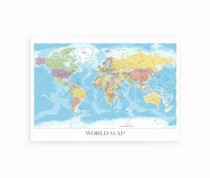 Detaljeret verdenskort plakat med lande og byer i forskellige farver.