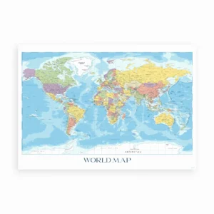 Detaljeret verdenskort plakat med lande og byer i forskellige farver.