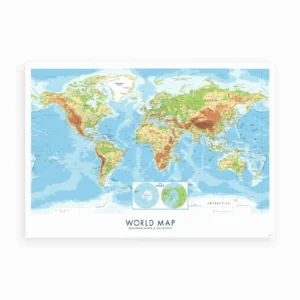 Fysisk verdenskort plakat med bjerge, dale og oceaner markeret i farver.