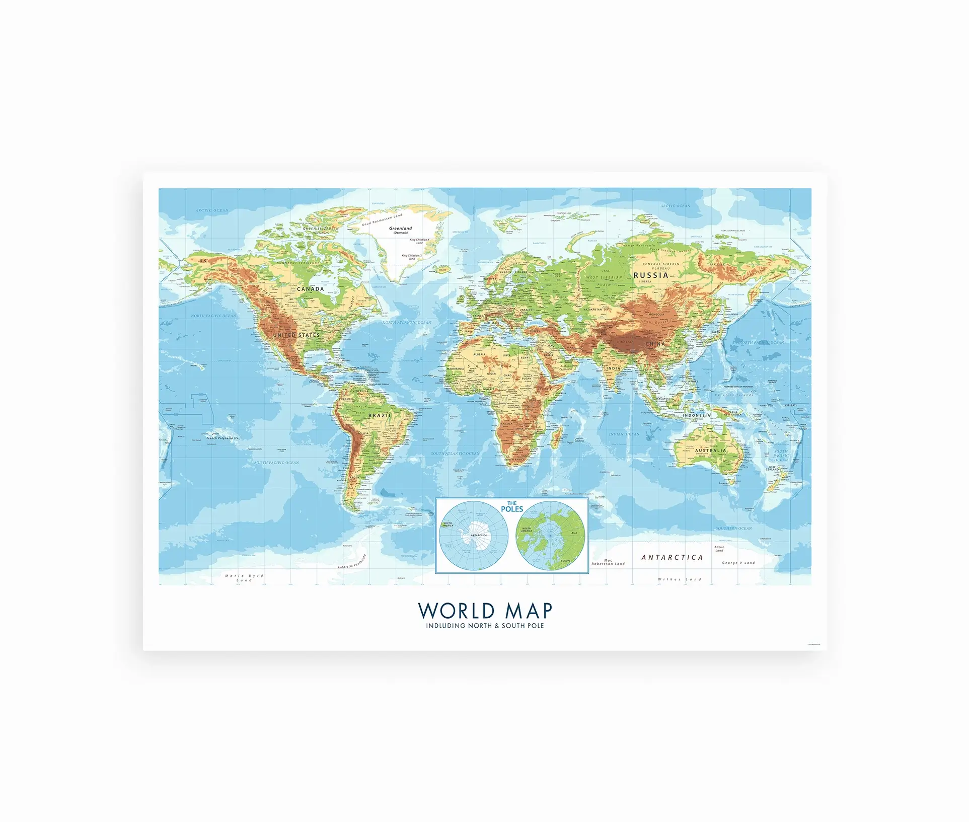 Fysisk verdenskort plakat med bjerge, dale og oceaner markeret i farver.