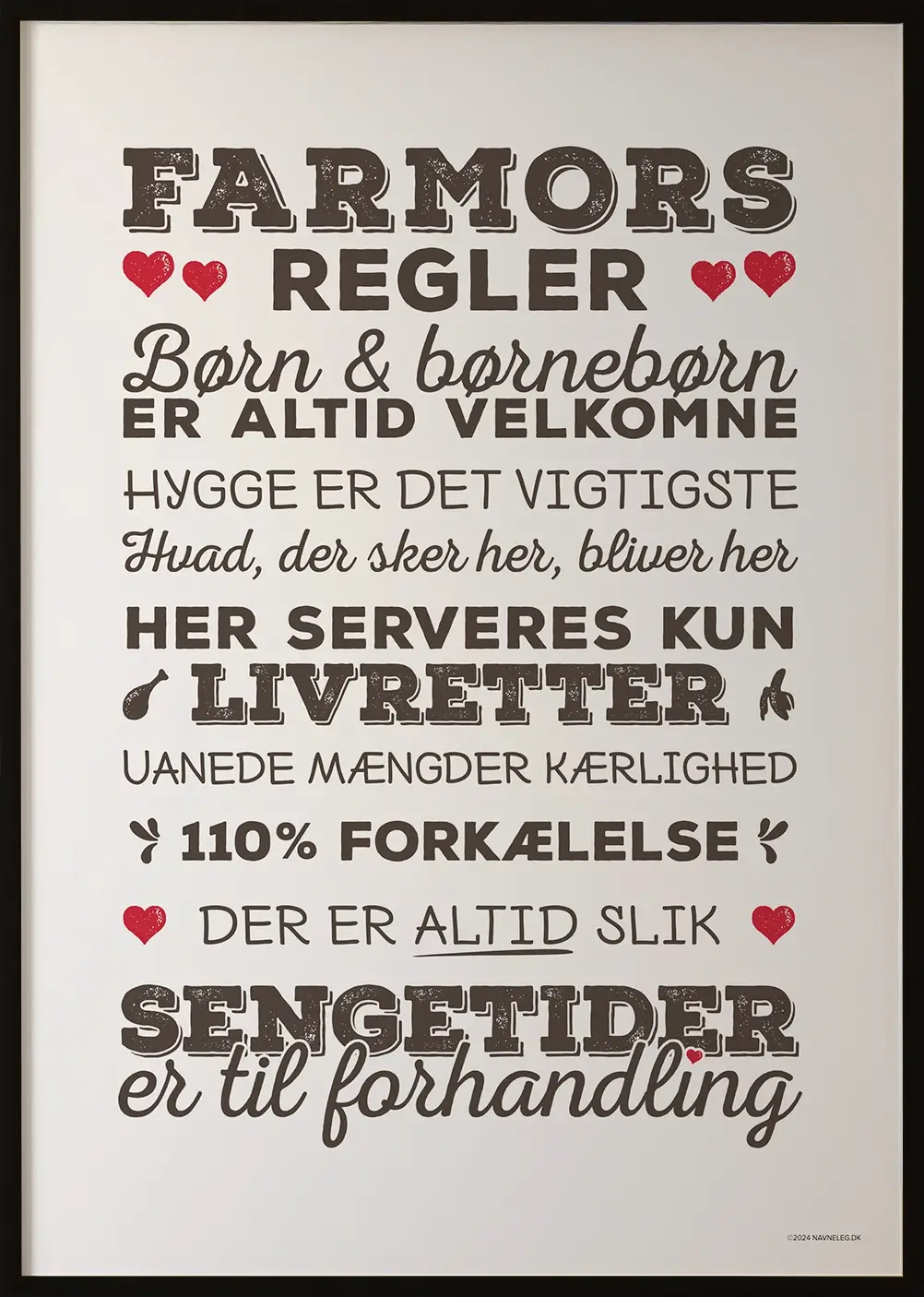 Plakat med "Farmors regler" – en hyggelig og sjov gaveidé til mors dag.