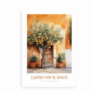 Plakat med illustration af et appelsintræ og en rustik middelhavsdør.