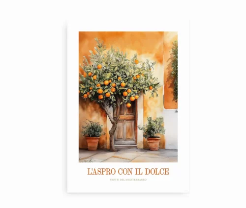 Plakat med illustration af et appelsintræ og en rustik middelhavsdør.