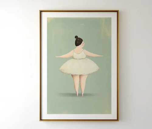 Indrammet plakat med ballerina i hvid kjole og lyserøde balletsko
