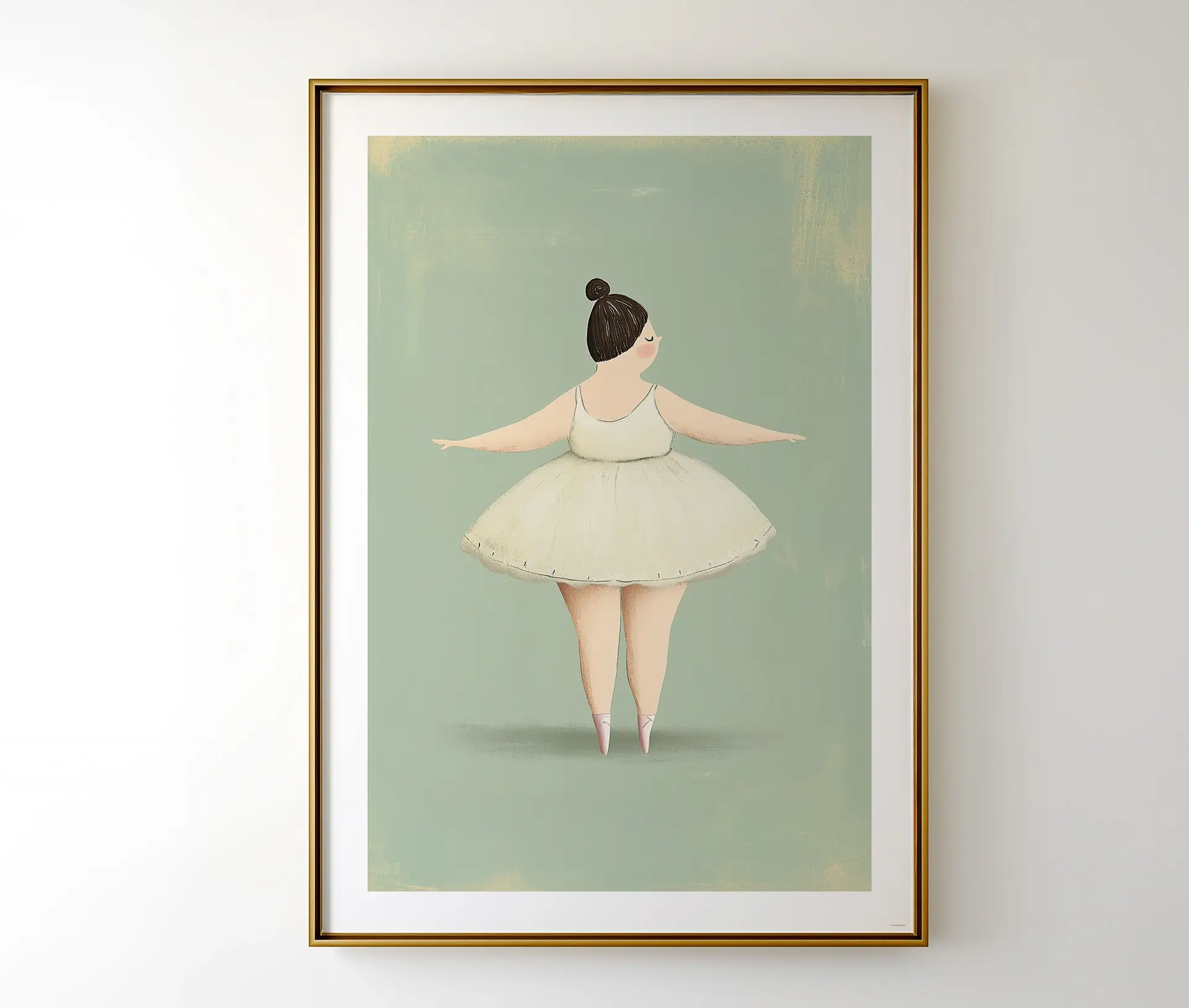 Indrammet plakat med ballerina i hvid kjole og lyserøde balletsko