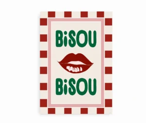 Bisou Bisou plakat med læber og farverig ramme