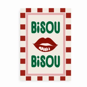 Bisou Bisou plakat med læber og farverig ramme