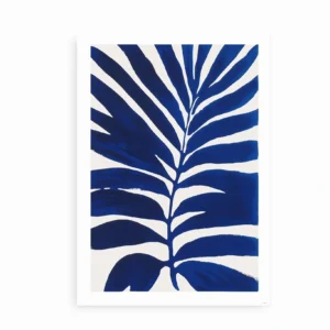 Plakat med stiliseret blåt palmeblad på hvid baggrund – uindrammet
