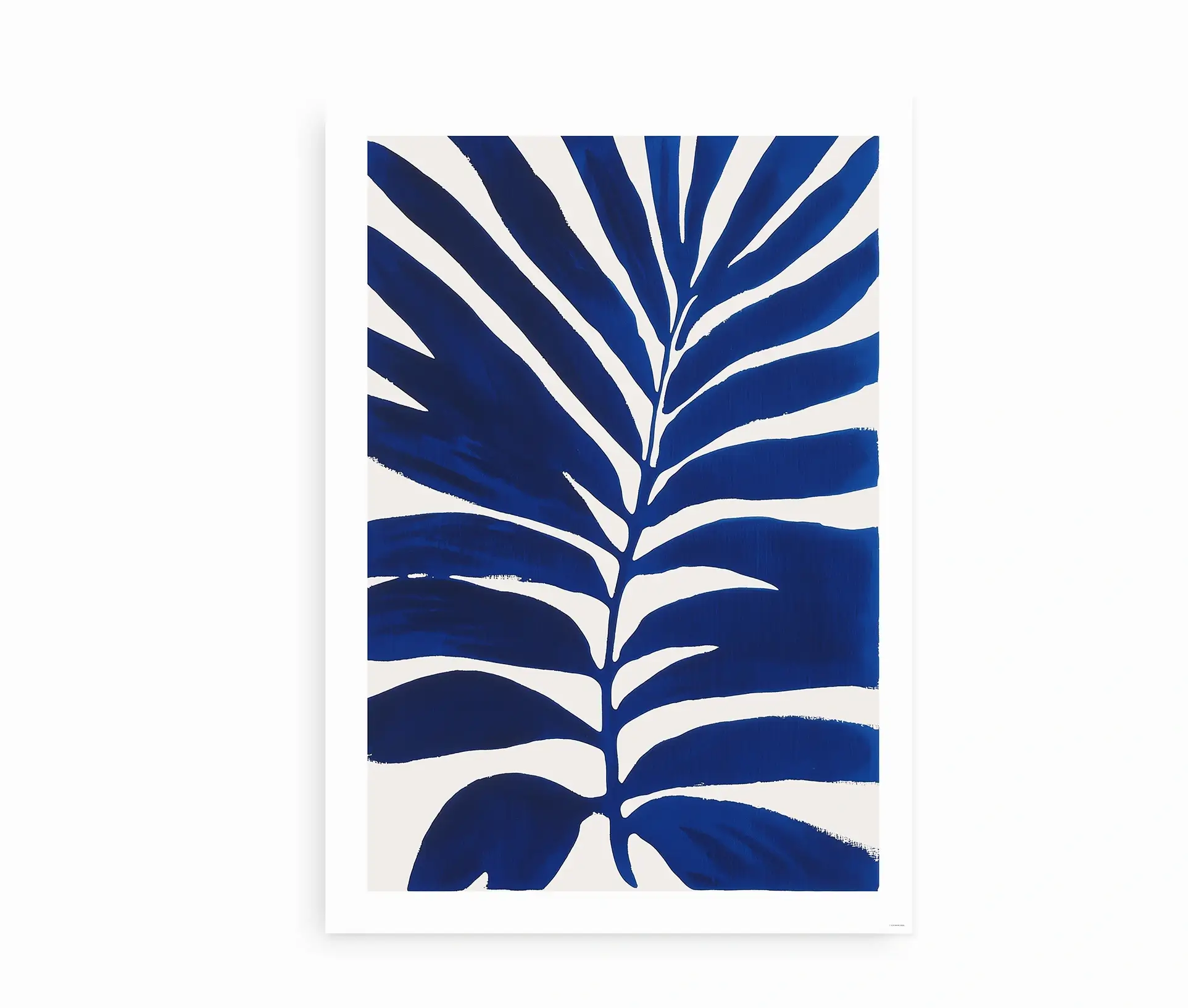 Plakat med stiliseret blåt palmeblad på hvid baggrund – uindrammet